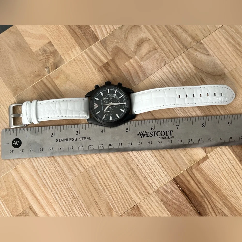 Emporio Armani Chronograph Watch Black Solid Stainless Case White Leather Strap